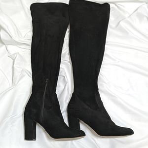 Black faux suede over the knee high heel boots